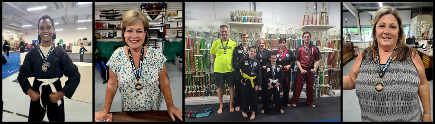 Collage of four photos, featuring Rise Up participants wearing their medals.