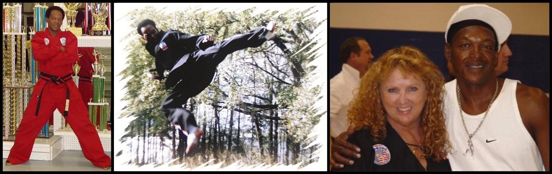 Collage of three photos of Grandmaster: One with him standing in a red gi with arms crossed, one of him kicking in the air, one of him smiling with Anne